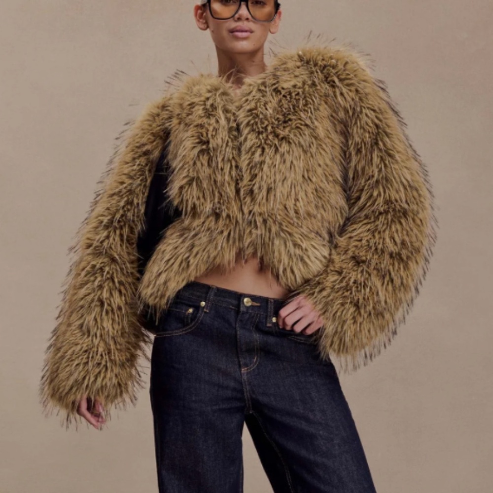 MESHKI Ottie Mongolian Faux Fur Cropped Jacket - Brown Multi